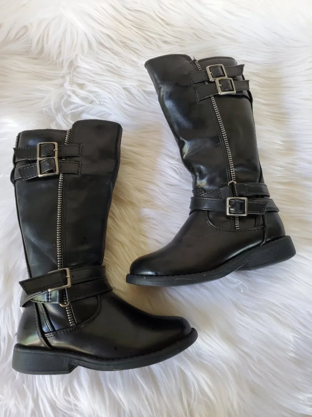 Dream Paris Black Girl's Mid Calf Moto Decorative Buckle Straps Boots SZ 10